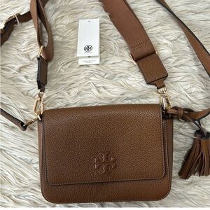 Camel Tory Burch Leather Thea Web Flap Crossbody